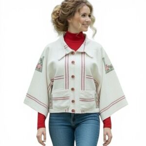 Handmade Vintage Floral Cross Stitch Cropped Bog Jacket Cream Red One Size